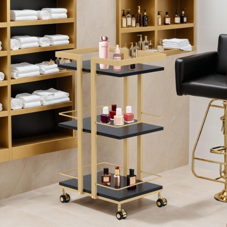 CMAU204 - Carucior 43 cm, cu Rafturi si Roti, masuta manichiura, ucenic cosmetica, masa coafor, masuta auxiliara - Auriu cu Alb sau Negru - Img 3