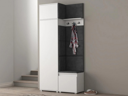 CUI511 - Cuier 104x37x214 cm - 3 agatatori haine, hol, pantofar - Alb, tapiterie Verde/Gri/Albastru