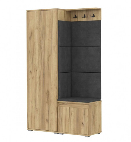 CUI514 - Cuier 104x37x177 cm - 3 agatatori haine, hol, pantofar - Stejar, tapiterie Turcoaz/Gri/Albastru - Img 6