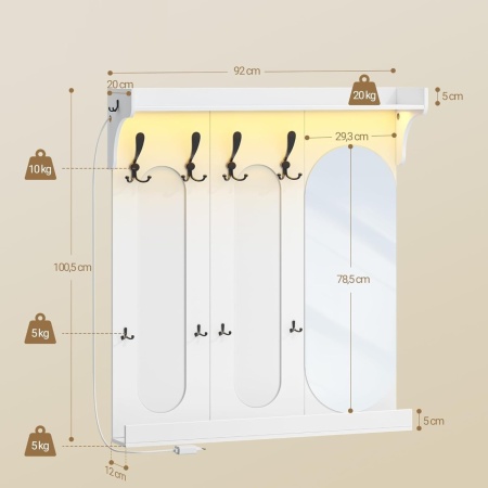 Cuier de perete alb cu LED, 92 cm, cu 10 agatatori haine, cu Oglinda si Raft - CUIA4 - Img 3