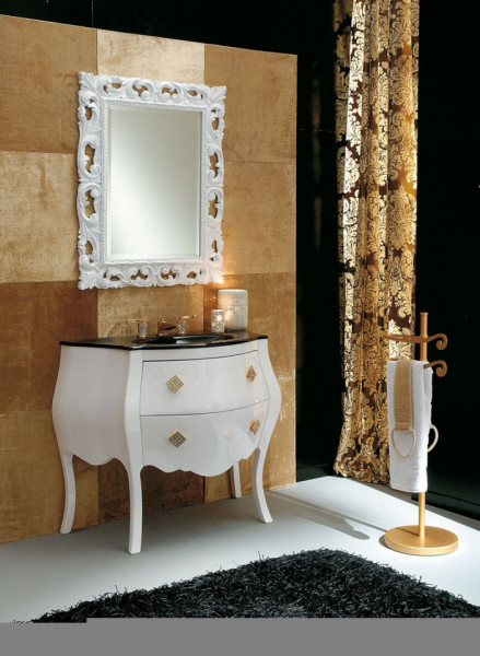 ELN503 - Set Mobilier Baie Narciso - Comoda, Lavoar, Oglinda, Alb-Auriu
