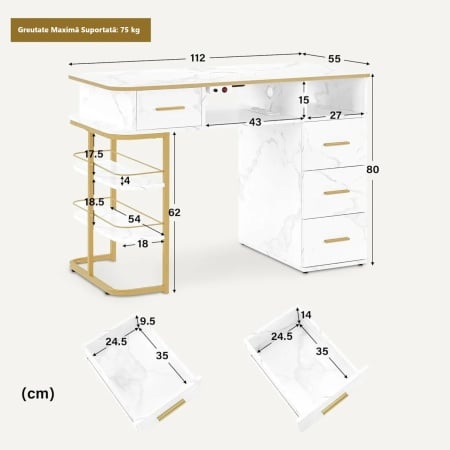 MANIAU208 - Masuta manichiura, 112 cm, cu Aspirator Incorporat cu 2 Saci, 3x Prize, masa cosmetica - Alb cu Imitatie de marmura - Auriu - Img 8