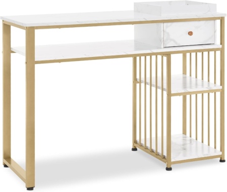 MANIAU210 - Masuta manichiura, 110 cm, birou, masa cosmetica pentru salon cu 1 Sertar si Tavita - Alb - Auriu - Img 7