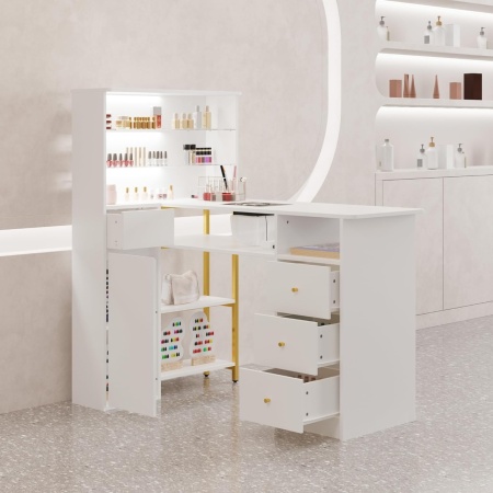 MANIAU211 - Masuta manichiura, 120 cm, birou, masa cosmetica pentru salon cu Aspirator Incorporat, Priza, LED, Sertare si Rafturi - Alb - Auriu - Img 7