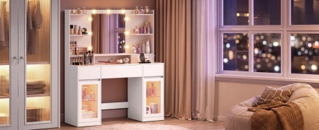Masuta de machiaj 107 cm, cu Oglinda LED si 3 Sertare pentru Cosmetice, Set Masa toaleta Alba, masuta cosmetica, vanity cu dulapiore si rafturi - SEA21 - Img 4