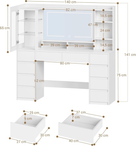 Masuta de machiaj 140 cm, cu Oglinda LED si 10 Sertare pentru Cosmetice, Set Masa toaleta Alba, masuta cosmetica, vanity cu dulapior si rafturi - SEA20 - Img 5