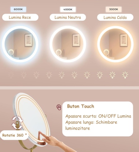 Masuta machiaj alba cu Oglinda LED si 2 Sertare pentru Cosmetice, Set Masa toaleta 80 cm sau 100 cm, masuta cosmetica cu Riflaj, vanity - SEA801 - Img 6