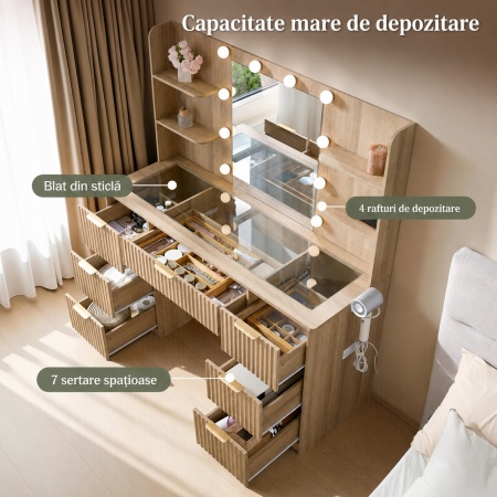Masuta machiaj Alba sau Maro cu Oglinda LED si 7 Sertare pentru Cosmetice, Set Masa toaleta 120 cm, cu 2 Prize, USB si USB-C, masuta cosmetica, vanity cu Riflaj si Rafturi - SEM25 - Img 5