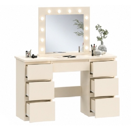 Masuta machiaj Crem cu Oglinda LED si 7 Sertare pentru Cosmetice, Set Masa toaleta 120 cm, masuta cosmetica, vanity - SEC502 - Img 6