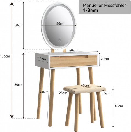 Masuta machiaj cu Oglinda LED si 1 Sertar pentru Cosmetice, Set Masa toaleta 60 cm, Alb, masuta cosmetica, vanity - SEM234 - Img 3