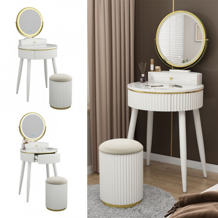 Masuta machiaj cu Oglinda LED si 1 Sertar pentru Cosmetice, Set Masa toaleta 60 cm, Alb, masuta vanity cu Riflaj, cosmetica - SEA459 - Img 8