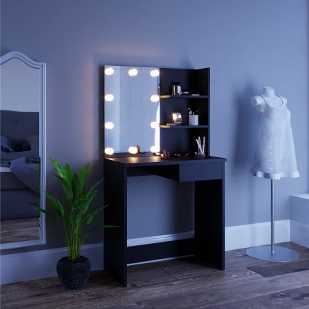 Masuta machiaj cu Oglinda LED si 1 Sertar pentru Cosmetice, Set Masa toaleta 75 cm, Negru, masuta cosmetica, vanity - SEN224 - Img 4