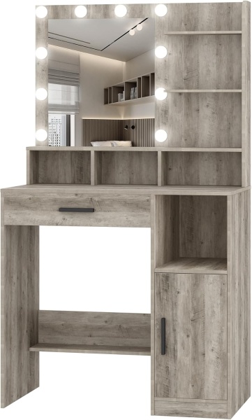 Masuta machiaj cu Oglinda LED si 1 Sertar pentru Cosmetice, Set Masa toaleta 80 cm, Alb / Negru / Gri, masuta cosmetica, vanity - SEG19 - Img 7
