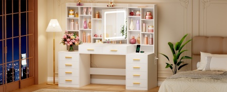 Masuta machiaj cu Oglinda LED si 10 Sertare si Rafturi pentru Cosmetice, Set Masa toaleta 150 cm, Alb, masuta cosmetica cu Priza si USB, vanity cu Dulapior Bijuterii - SEA204 - Img 6