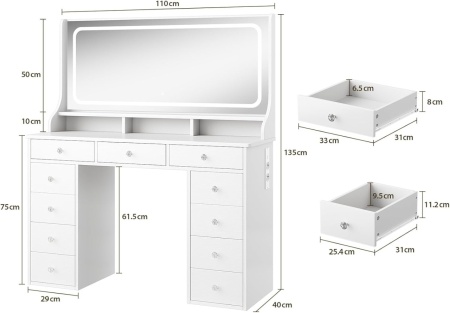 Masuta machiaj cu Oglinda LED si 11 Sertare pentru Cosmetice, Set Masa toaleta 110 cm, Alb, masuta cosmetica, vanity - SEA909 - Img 4