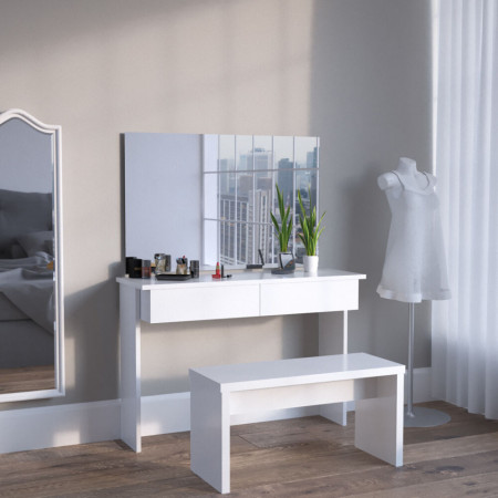 Masuta machiaj cu Oglinda LED si 2 Sertare pentru Cosmetice, Set Masa toaleta 120 cm, Alb, masuta cosmetica, vanity - SEA252 - Img 3