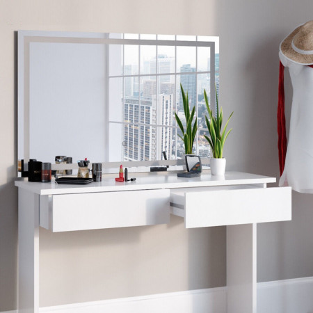 Masuta machiaj cu Oglinda LED si 2 Sertare pentru Cosmetice, Set Masa toaleta 120 cm, Alb Lucios, masuta cosmetica, vanity - SEA411 - Img 6