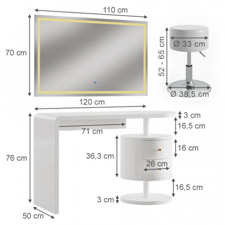 Masuta machiaj cu Oglinda LED si 2 Sertare pentru Cosmetice, Set Masa toaleta 120 cm, Alb Lucios, masuta cosmetica, vanity - SEA462 - Img 5