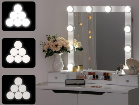 Masuta machiaj cu Oglinda LED si 2 Sertare pentru Cosmetice, Set Masa toaleta 80 cm, Alb, masuta cosmetica, vanity - SEA97 - Img 7