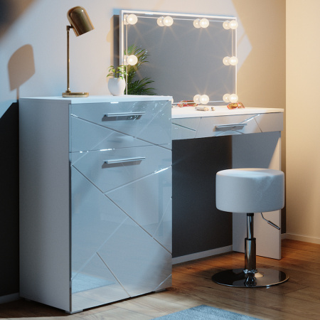 Masuta machiaj cu Oglinda LED si 2 Sertare pentru Cosmetice, Set Masa toaleta 135 cm, Alb Lucios, masuta cosmetica, vanity - SEA481 - Img 2