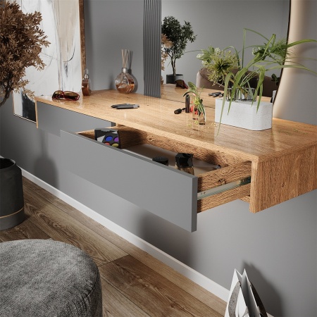 Masuta machiaj cu Oglinda LED si 2 Sertare pentru Cosmetice, Set Masa toaleta 120 cm, Gri, masuta vanity cu Riflaj, cosmetica- SEM243 - Img 7