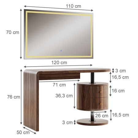 Masuta machiaj cu Oglinda LED si 2 Sertare pentru Cosmetice, Set Masa toaleta 120 cm, Maro, masuta cosmetica, vanity - SEM244 - Img 7