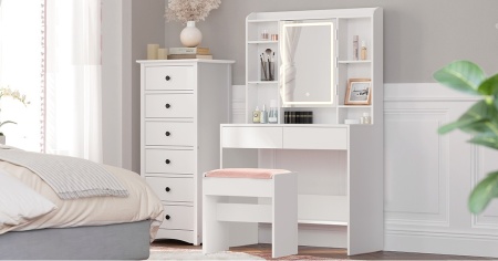 Masuta machiaj cu Oglinda LED si 2 Sertare pentru Cosmetice, Set Masa toaleta 90 cm, Alb, masuta cosmetica, vanity cu sau fara Priza, cu sau fara Scaun - SEA81 - Img 10