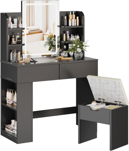 Masuta machiaj cu Oglinda LED si 2 Sertare pentru Cosmetice, Set Masa toaleta 90 cm, Alb / Negru / Roz, masuta cosmetica, vanity - SER203 - Img 6