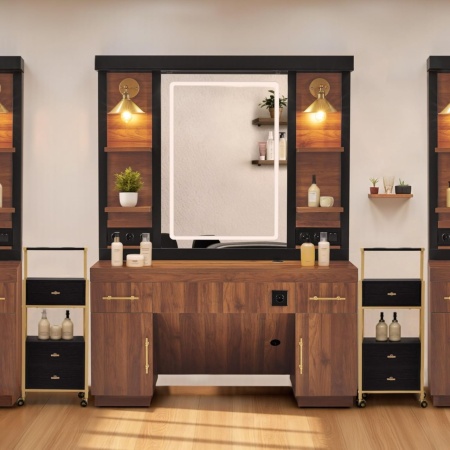 Masuta machiaj cu Oglinda LED si 2 Sertare pentru Cosmetice, Set Masa toaleta 150 cm, Negru / Maro, masuta cosmetica, vanity - SEN259 - Img 2