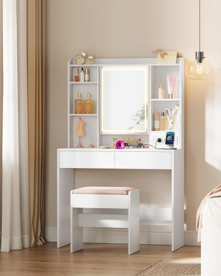 Masuta machiaj cu Oglinda LED si 2 Sertare pentru Cosmetice, Set Masa toaleta 90 cm, Alb, masuta cosmetica, vanity cu sau fara Priza, cu sau fara Scaun - SEA81 - Img 12