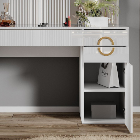 Masuta machiaj cu Oglinda LED si 3 Sertare pentru Cosmetice, Set Masa toaleta 115 cm, Alb Lucios, masuta cosmetica, vanity - SEA440 - Img 2
