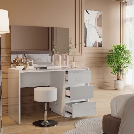 Masuta machiaj cu Oglinda LED si 3 Sertare pentru Cosmetice, Set Masa toaleta 120 cm, Alb Lucios, masuta cosmetica, vanity - SEA805 - Img 5