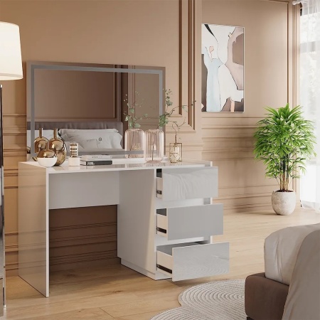 Masuta machiaj cu Oglinda LED si 3 Sertare pentru Cosmetice, Set Masa toaleta 120 cm, Alb Lucios, masuta cosmetica, vanity - SEA806 - Img 7
