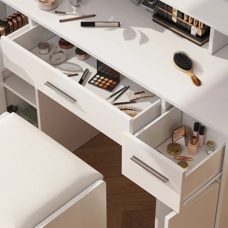 Masuta machiaj cu Oglinda LED si 3 Sertare pentru Cosmetice, Set Masa toaleta 110 cm, Alb, masuta cosmetica, vanity - SEA809 - Img 6
