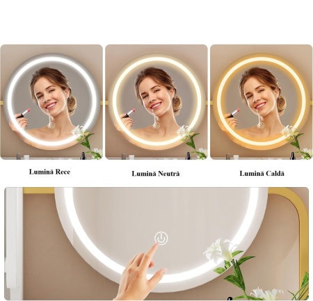 Masuta machiaj cu Oglinda LED si 3 Sertare pentru Cosmetice, Set Masa toaleta 80 cm, Alb, masuta cosmetica, vanity - SEA825 - Img 2