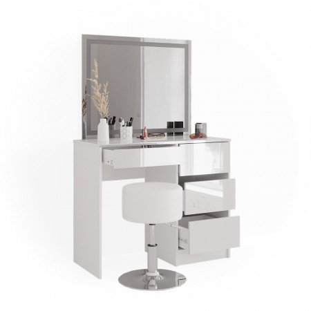 Masuta machiaj cu Oglinda LED si 4 Sertare pentru Cosmetice, Set Masa toaleta 90 cm, Alb Lucios, masuta cosmetica, vanity - SEA468 - Img 2