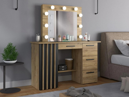 Masuta machiaj cu Oglinda LED si 4 Sertare pentru Cosmetice, Set Masa toaleta 120 cm, Stejar, masuta cosmetica, vanity - SEM517 - Img 6