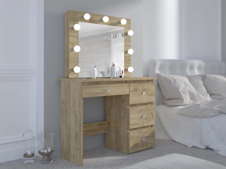 Masuta machiaj cu Oglinda LED si 4 Sertare pentru Cosmetice, Set Masa toaleta 94 cm, Stejar, masuta cosmetica, vanity - SEM530 - Img 6