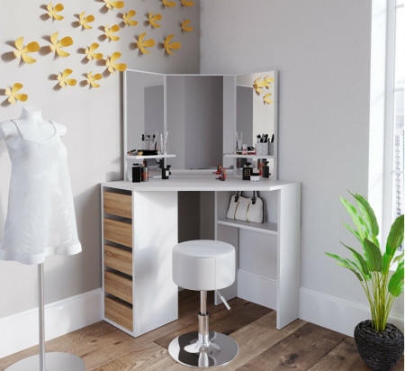 Masuta machiaj cu Oglinda LED si 5 Sertare pentru Cosmetice, Alb, masuta cosmetica, vanity - SEA274 - Img 2