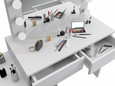 Masuta machiaj cu Oglinda LED si 5 Sertare pentru Cosmetice, Set Masa toaleta 112 cm, Alb, masuta cosmetica, vanity - SEA539 - Img 3