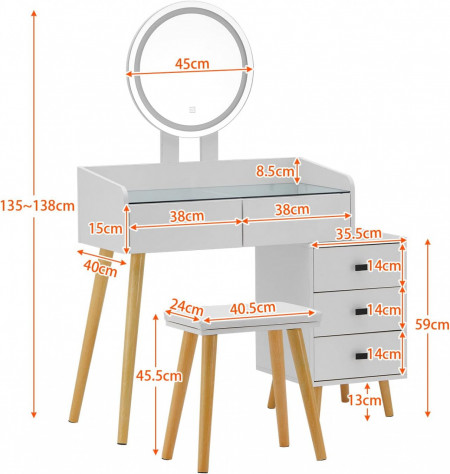 Masuta machiaj cu Oglinda LED si 5 Sertare pentru Cosmetice, Set Masa toaleta 116 cm, Alb, masuta cosmetica, vanity - SEA419 - Img 3