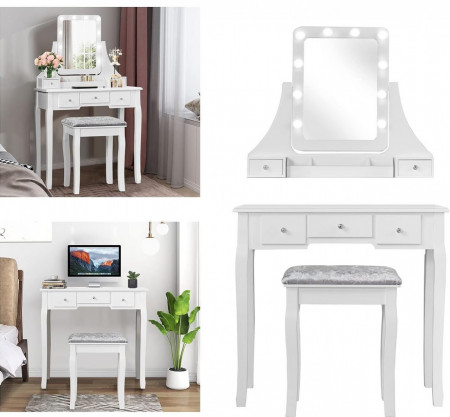 Masuta machiaj cu Oglinda LED si 5 Sertare pentru Cosmetice, Set Masa toaleta 80 cm, Alb, masuta cosmetica, vanity - SEA531 - Img 3