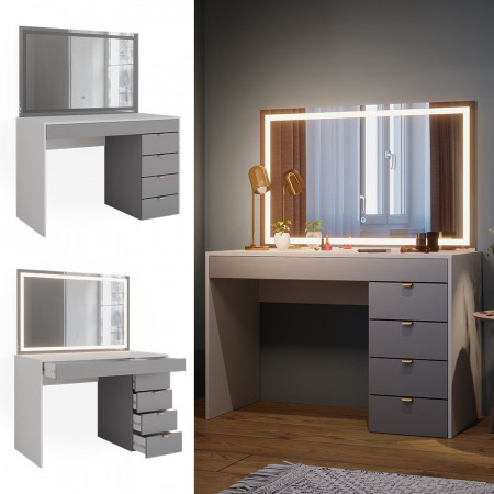 Masuta machiaj cu Oglinda LED si 5 Sertare pentru Cosmetice, Set Masa toaleta 115 cm, Alb, masuta cosmetica, vanity - SEA447 - Img 6