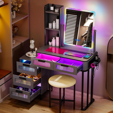 Masuta machiaj cu Oglinda LED si 5 Sertare pentru Cosmetice, Set Masa toaleta 80 cm, Negru, masuta cosmetica, vanity - SEG218 - Img 2
