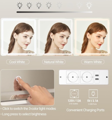 Masuta machiaj cu Oglinda LED si 5 Sertare pentru Cosmetice, Set Masa toaleta 108 cm, Alb, masuta cosmetica, vanity - SEA483 - Img 4