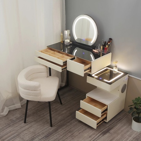 Masuta machiaj cu Oglinda LED si 5 Sertare pentru Cosmetice, Set Masa toaleta 80 cm, Alb, masuta cosmetica, vanity - SEA168 - Img 6