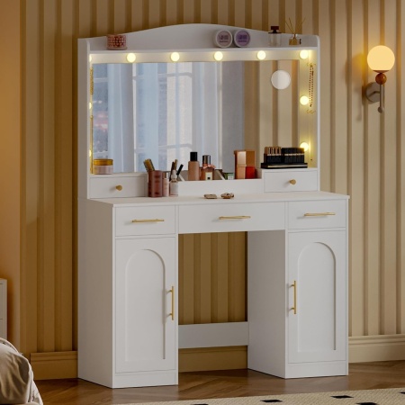 Masuta machiaj cu Oglinda LED si 5 Sertare pentru Cosmetice, Set Masa toaleta 108 cm, Alb, masuta cosmetica, vanity - SEA911 - Img 5