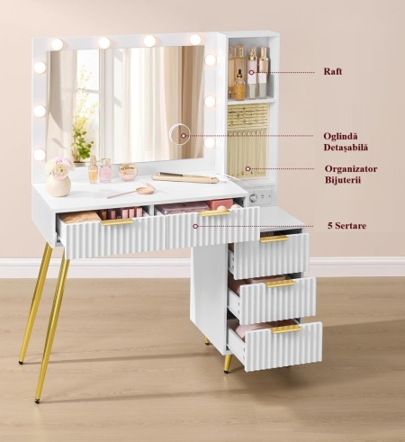 Masuta machiaj cu Oglinda LED si 5 Sertare pentru Cosmetice, Set Masa toaleta 110 cm, Alb, masuta cosmetica, vanity - SEA823 - Img 3