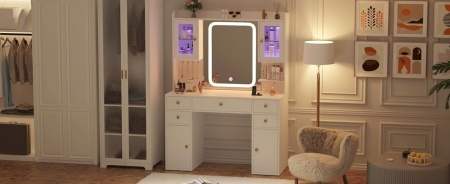 Masuta machiaj cu Oglinda LED si 5 Sertare pentru Cosmetice, Set Masa toaleta 105 cm, Alb, masuta cosmetica, vanity - SEA201 - Img 8
