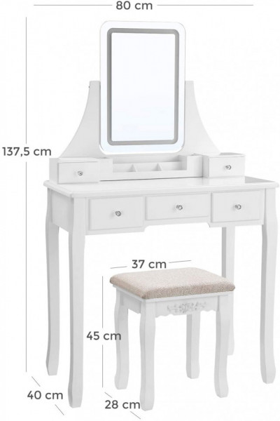 Masuta machiaj cu Oglinda LED si 5 Sertare pentru Cosmetice, Set Masa toaleta 80 cm, Alb, masuta cosmetica, vanity - SEA338 - Img 5
